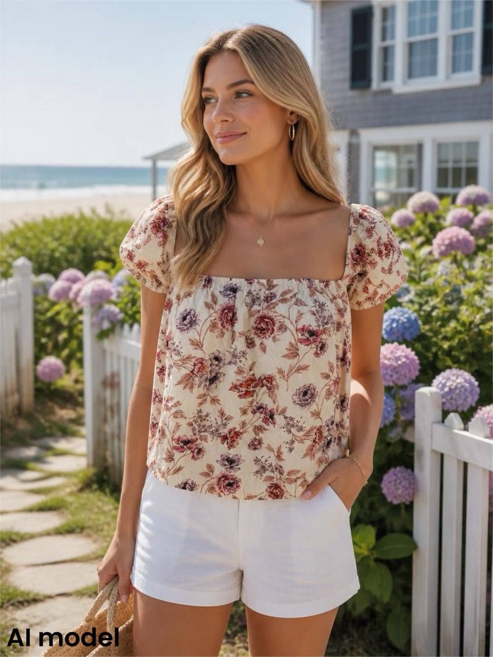 American Eagle Outfitters Cream Floral Square-Neck Puff Sleeve Top